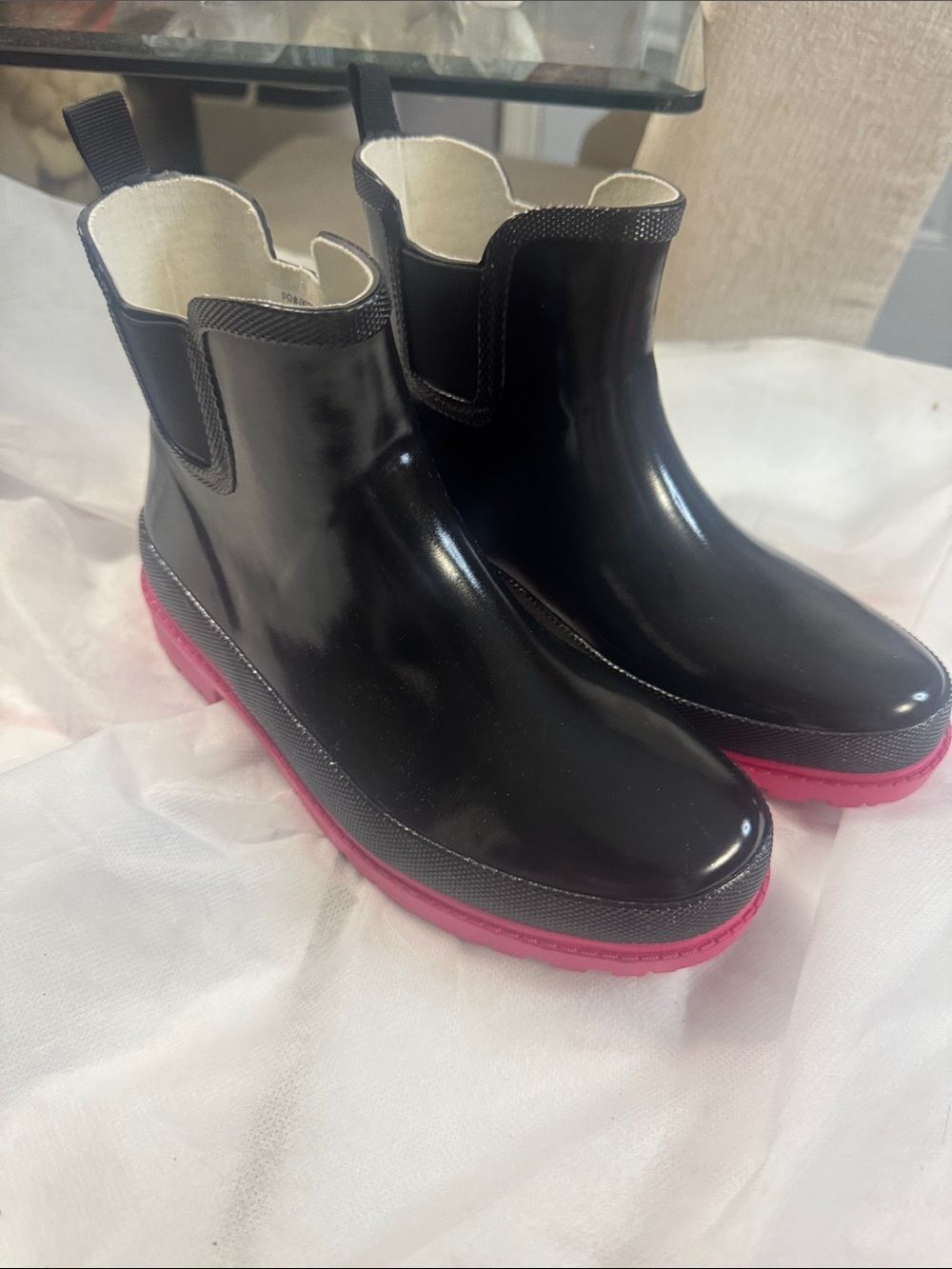 Black Glossy Chelsea Rain Boots with Pink Sole